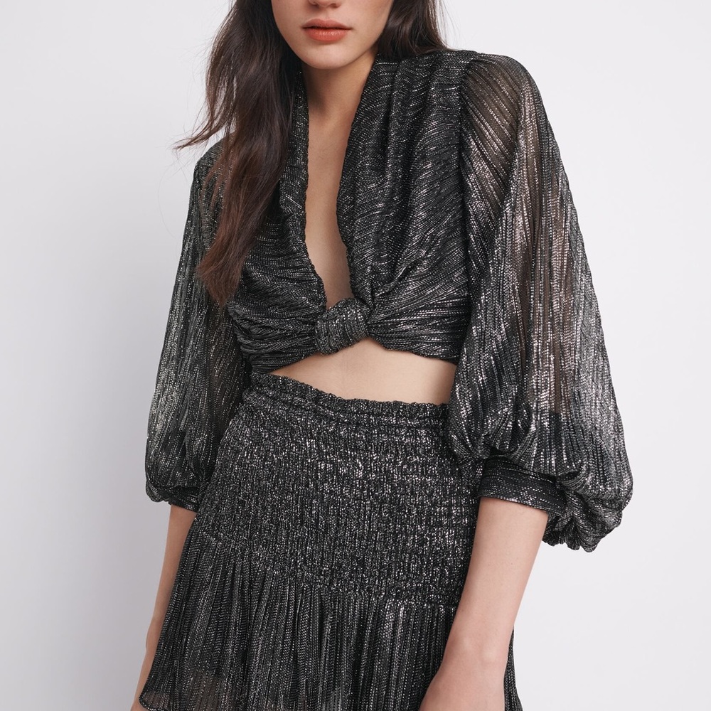 Zara Knotted Silver Metallic Thread Cropped Long Sleeve Blouse NWT